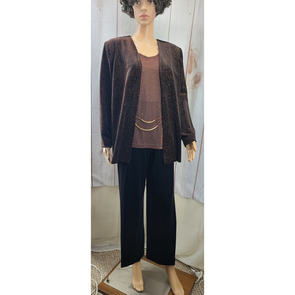 R & M Richards by Karen Kwong 2 Pc Brn/Gold Metallic Blazer & Velour Pants 16P